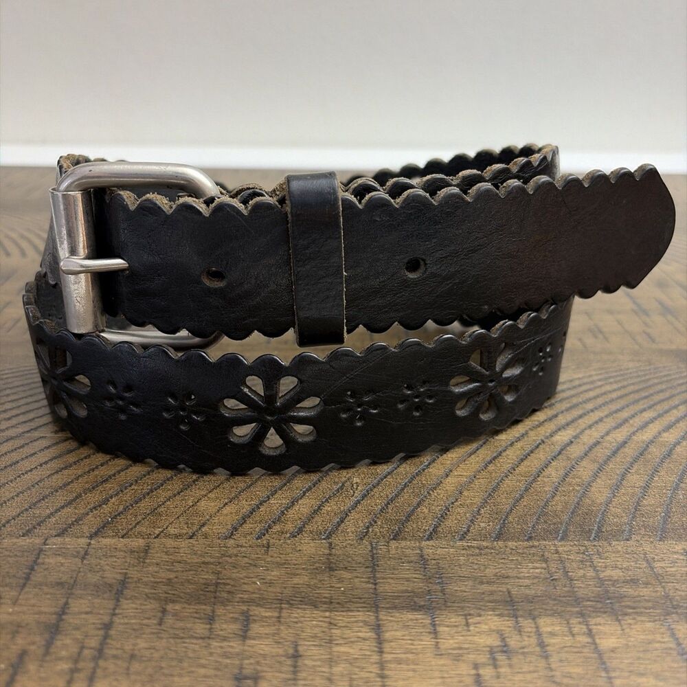 Black Genuine Leather Belt Scalloped Edge Perforated Flower Cut Women Size L